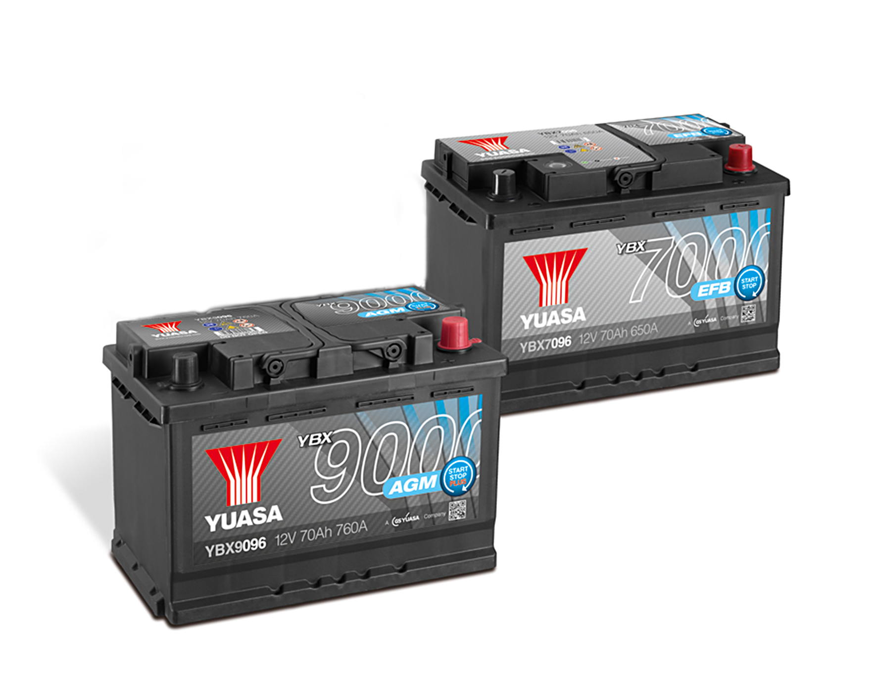 AGM-Batterie (Serie 9000) und EFB-Batterie (Serie 7000) aus der YBX-Baureihe von GS YUASA.